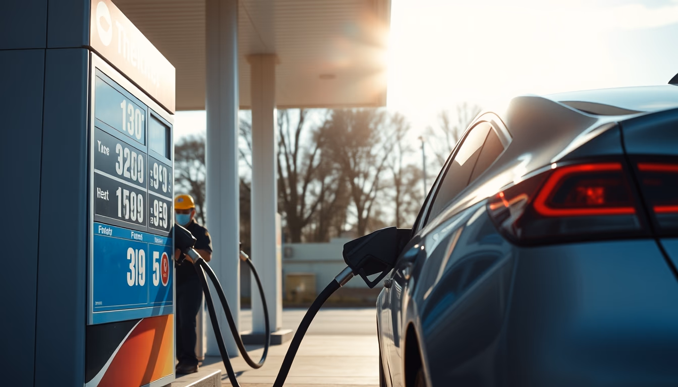 Gas station attendant filling up car next to fuel price sign em estilo editorial