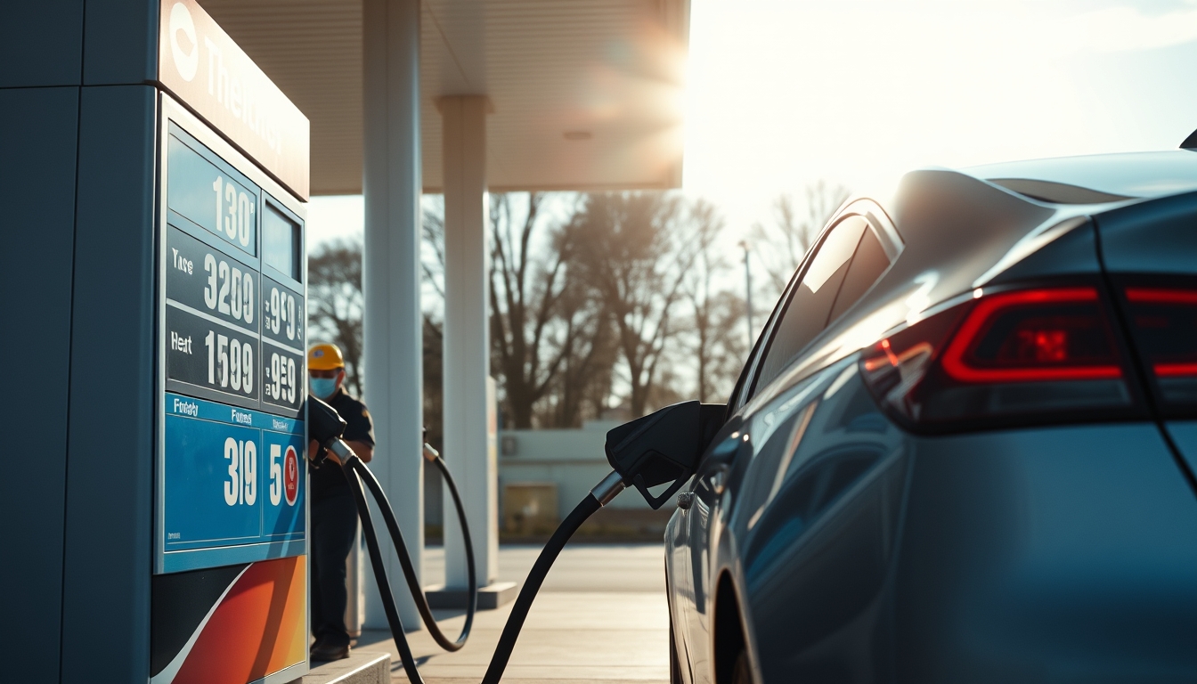 Gas station attendant filling up car next to fuel price sign em estilo editorial
