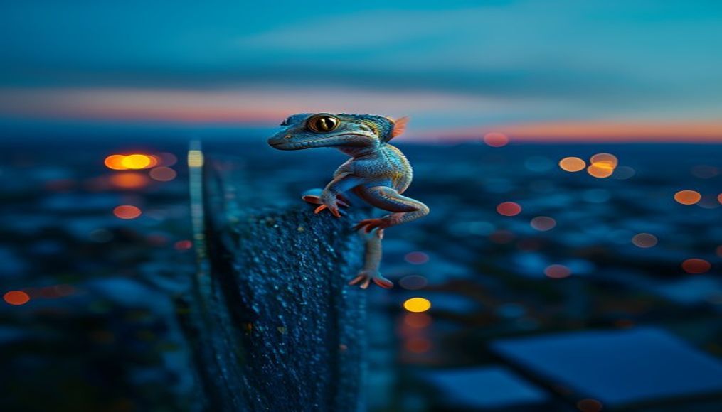 gecko climbing glass in editorial style