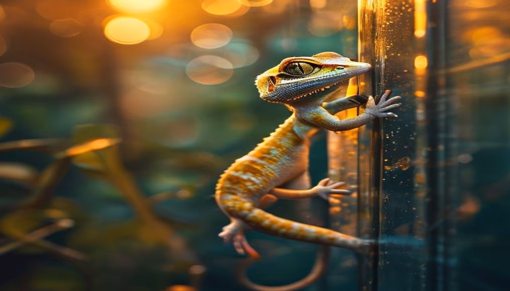 gecko climbing glass in editorial style