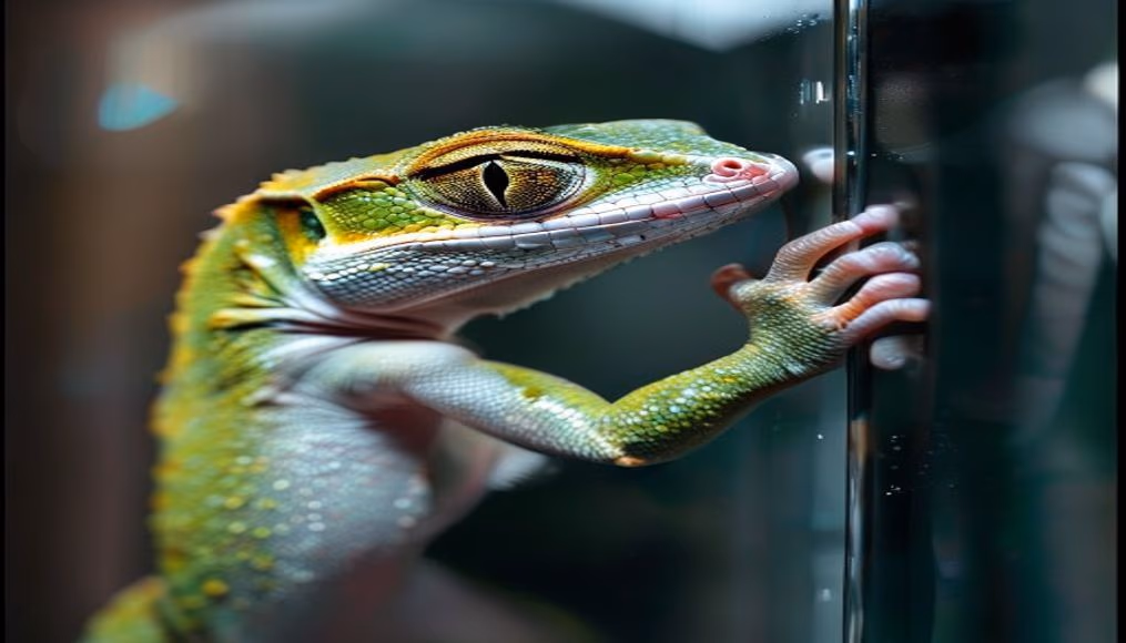gecko climbing glass in editorial style