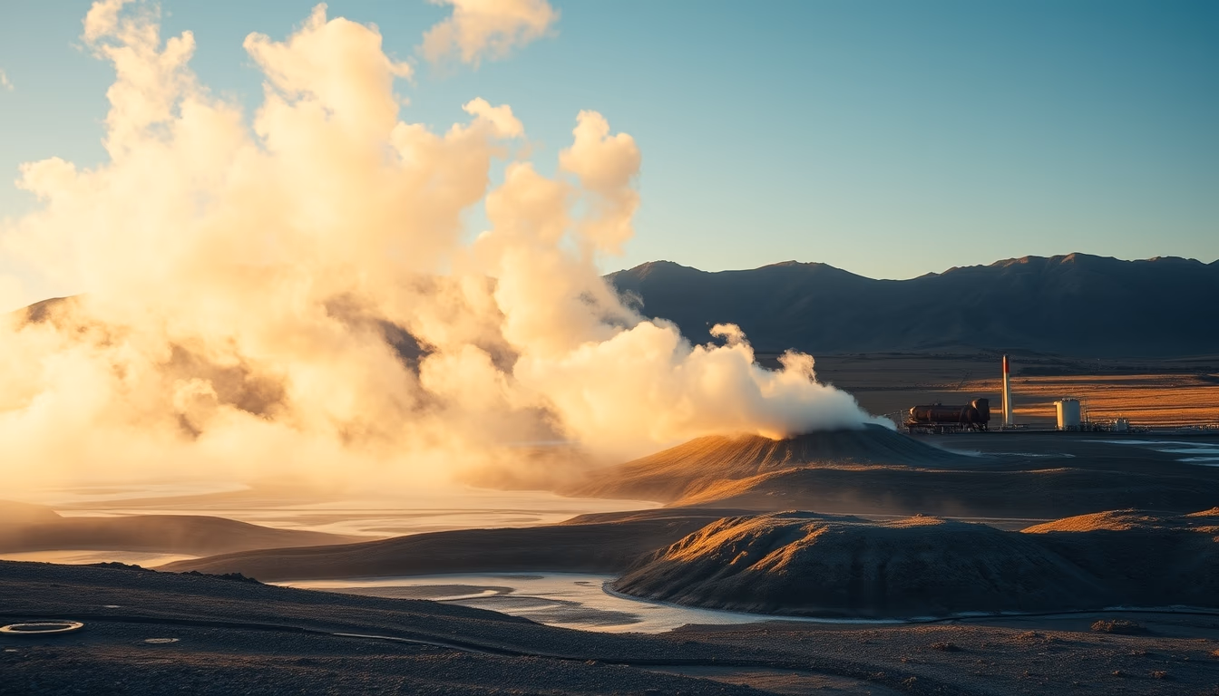 geothermal plant steam in editorial style