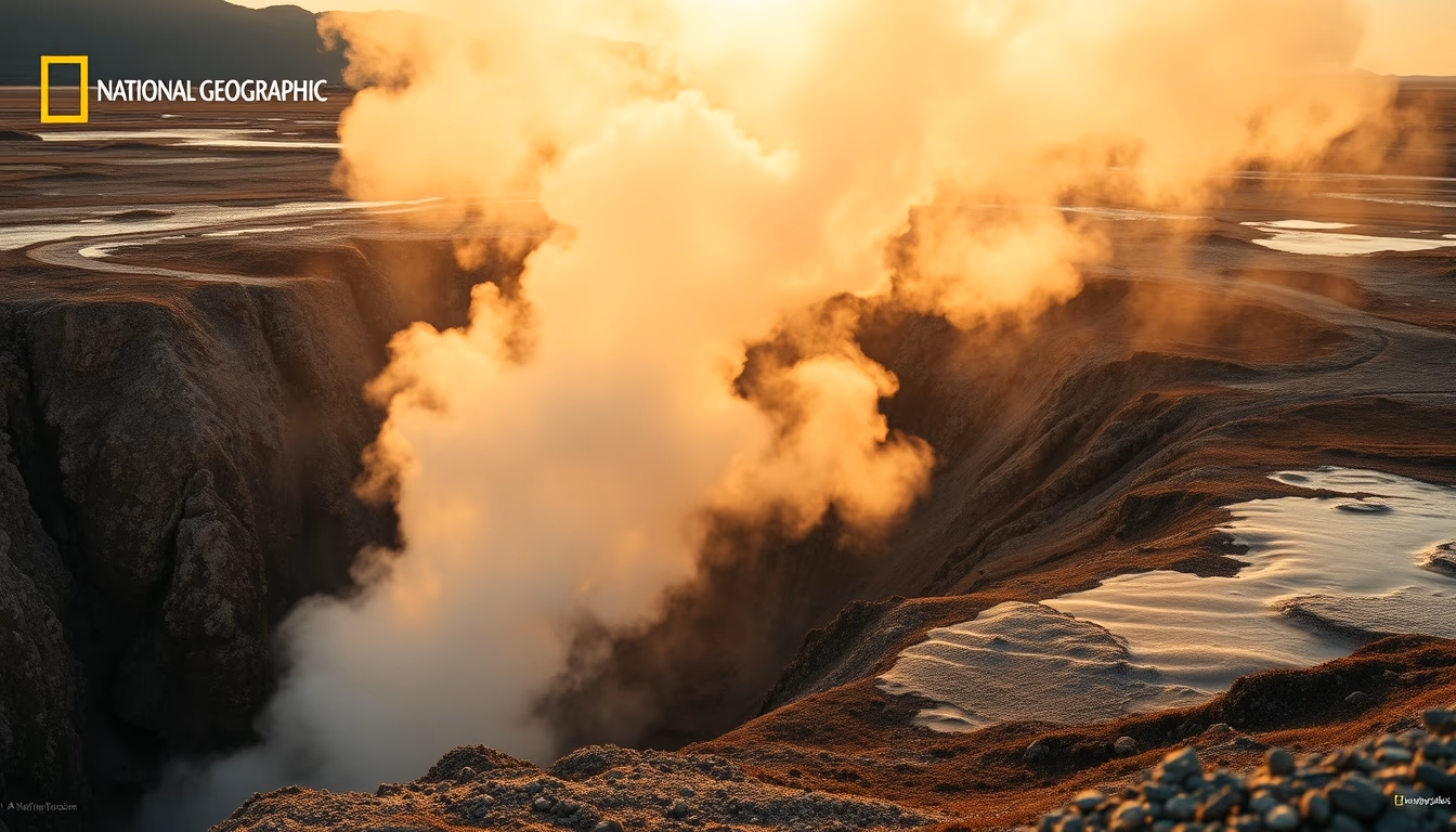 geothermal plant steam in editorial style