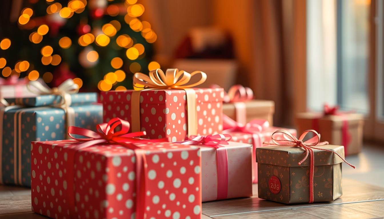 gift boxes wrapped colorful in editorial style