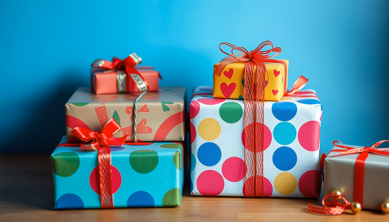 gift boxes wrapped colorful in editorial style