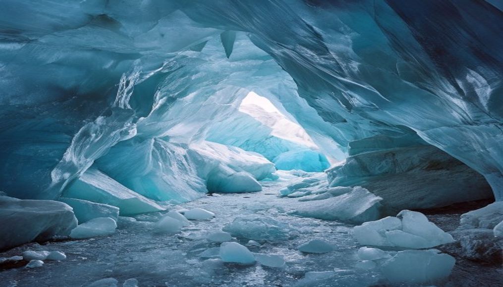 glacier blue ice cave in editorial style