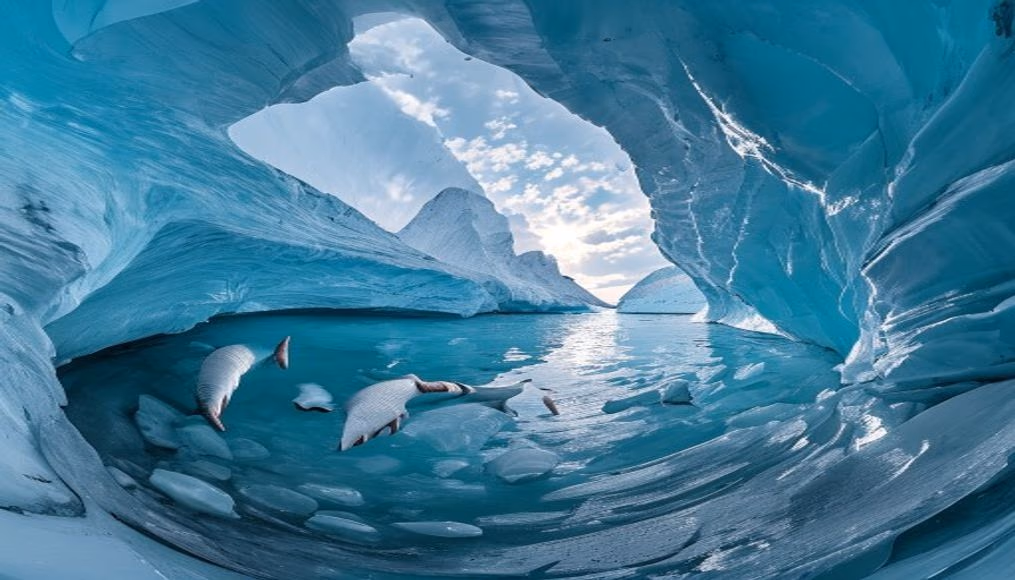 glacier blue ice cave in editorial style