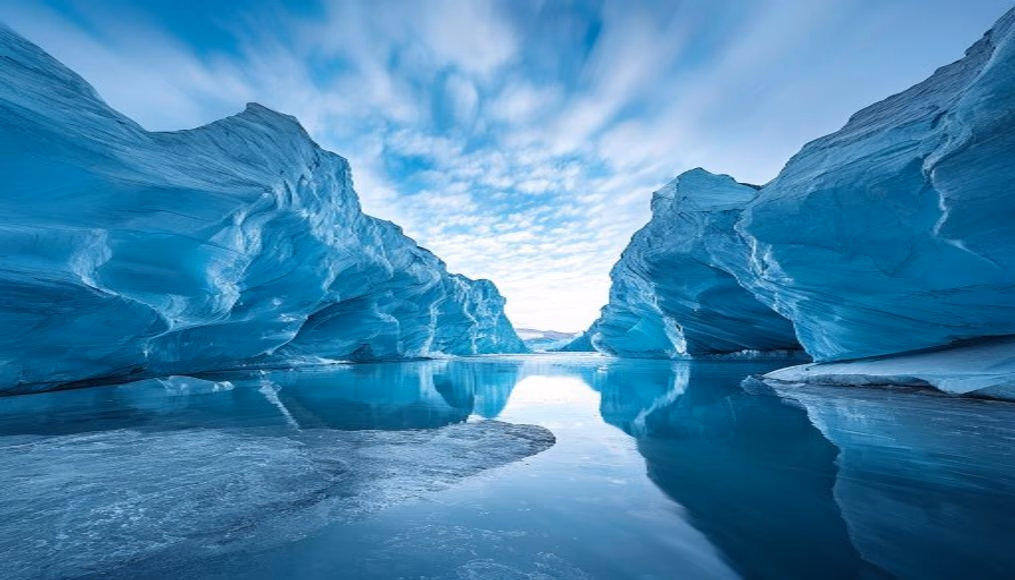 glacier blue ice cave in editorial style