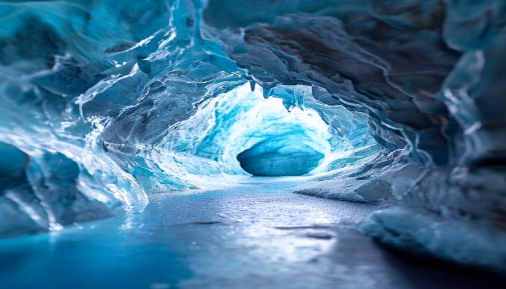 glacier blue ice cave in editorial style