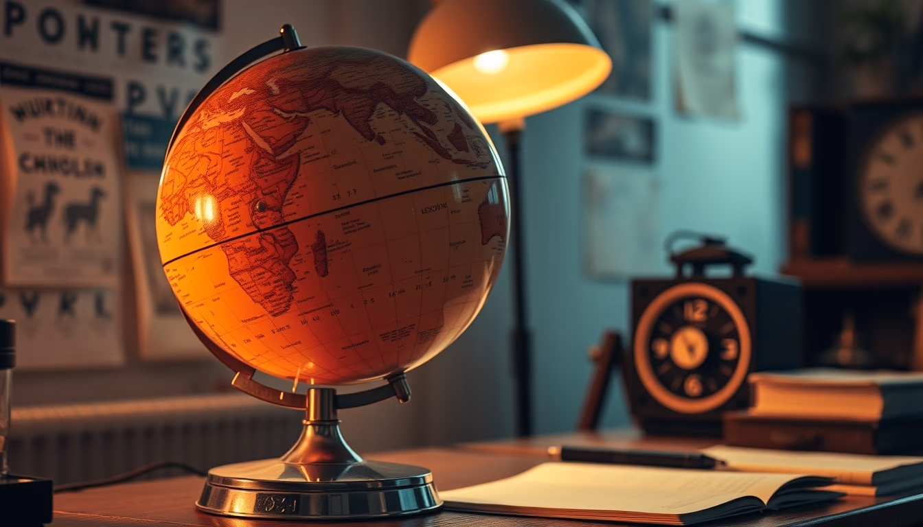 globe on student desk vintage in editorial style