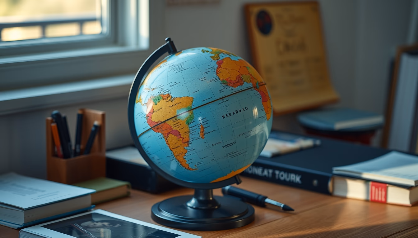 globe on student desk vintage in editorial style