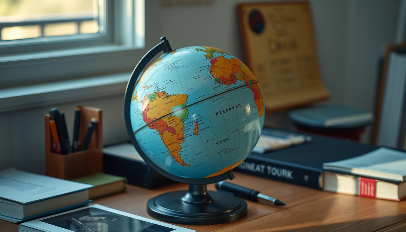 globe on student desk vintage in editorial style