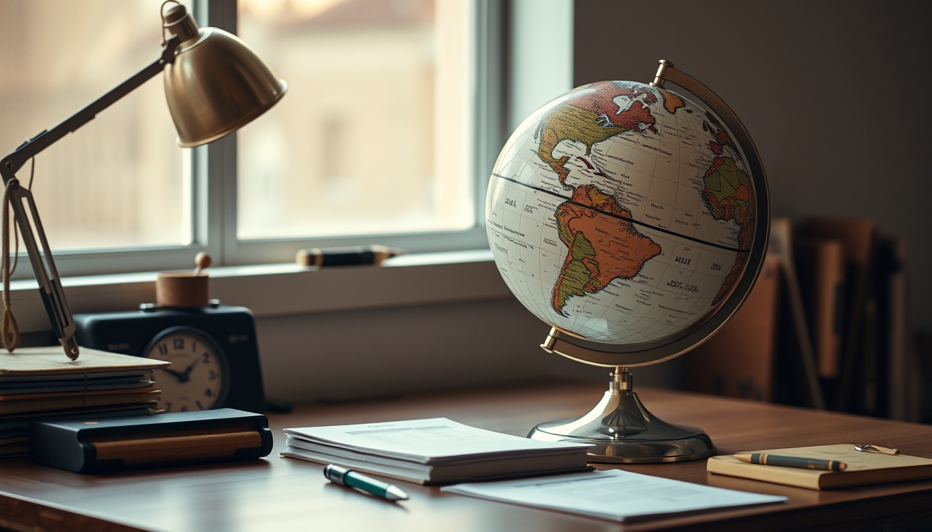 globe on student desk vintage in editorial style