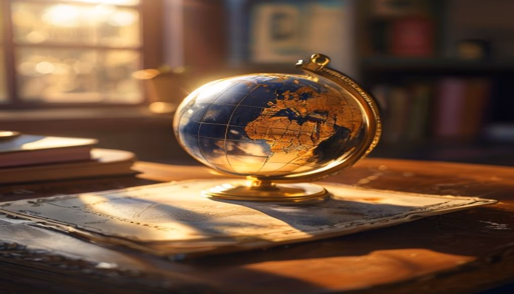 globe on student desk vintage in editorial style