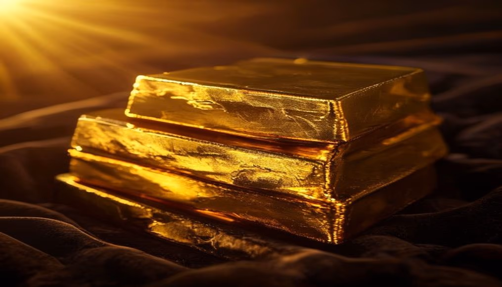 gold bars stack on black velvet in editorial style