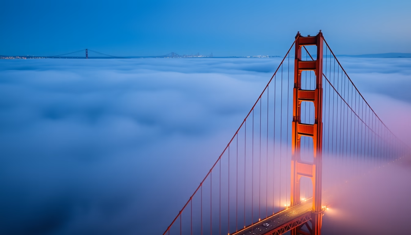 golden gate bridge fog in editorial style