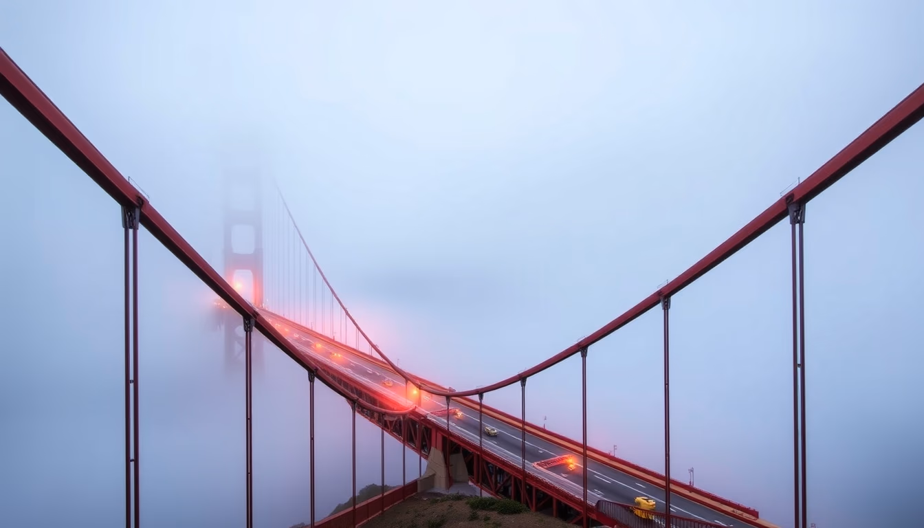 golden gate bridge fog in editorial style