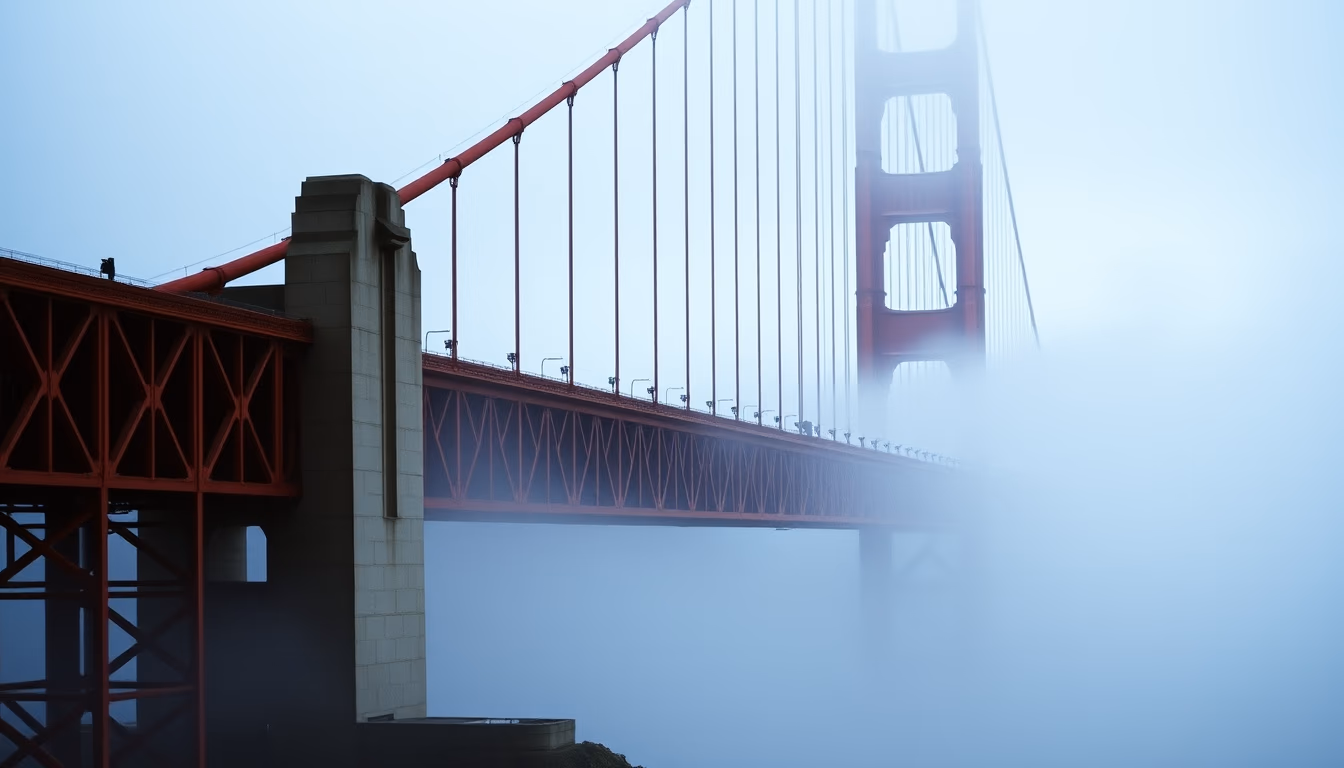 golden gate bridge fog in editorial style