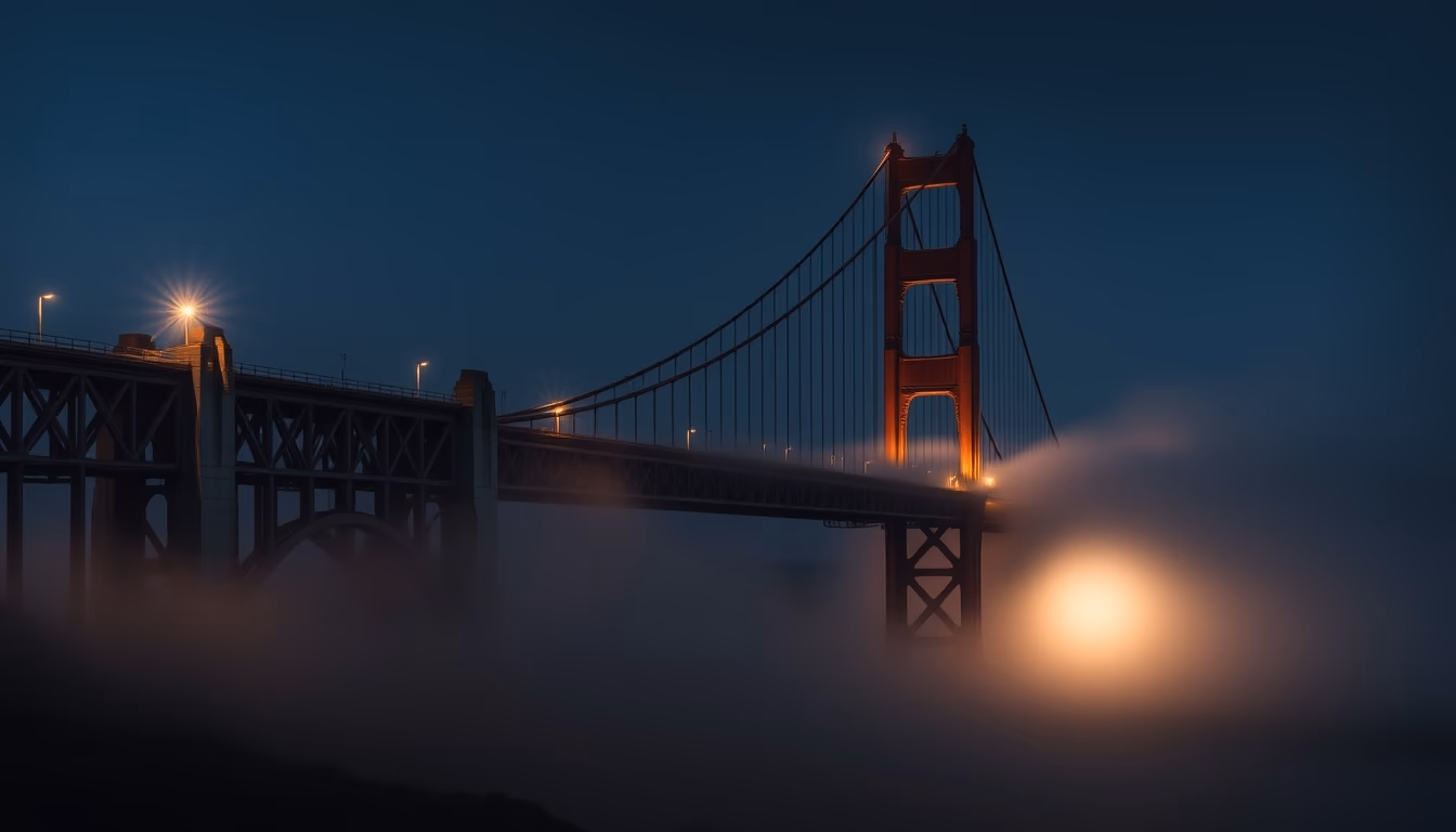 golden gate bridge fog in editorial style