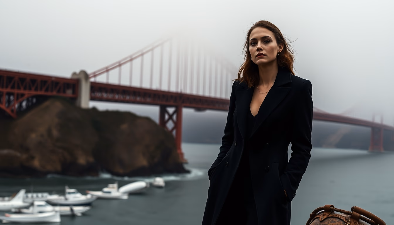 golden gate bridge fog in editorial style