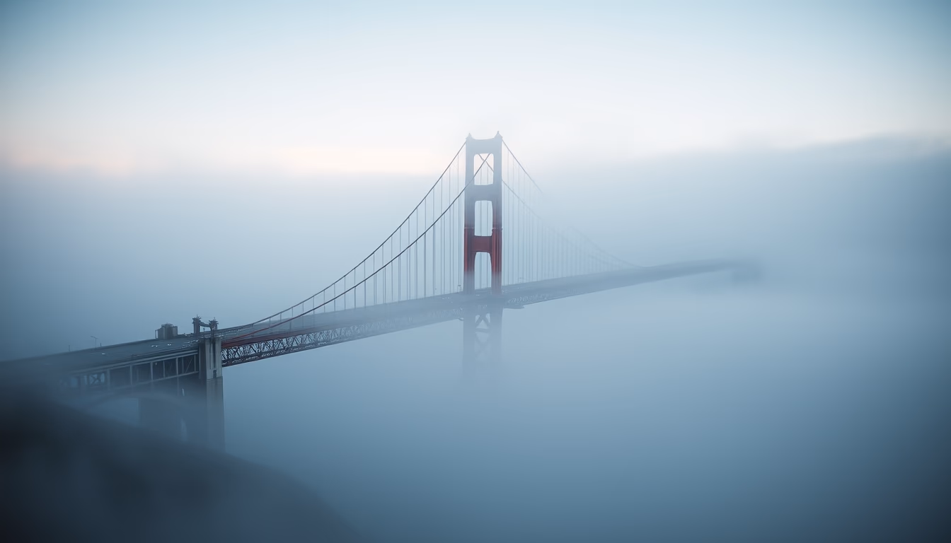 golden gate bridge fog in editorial style