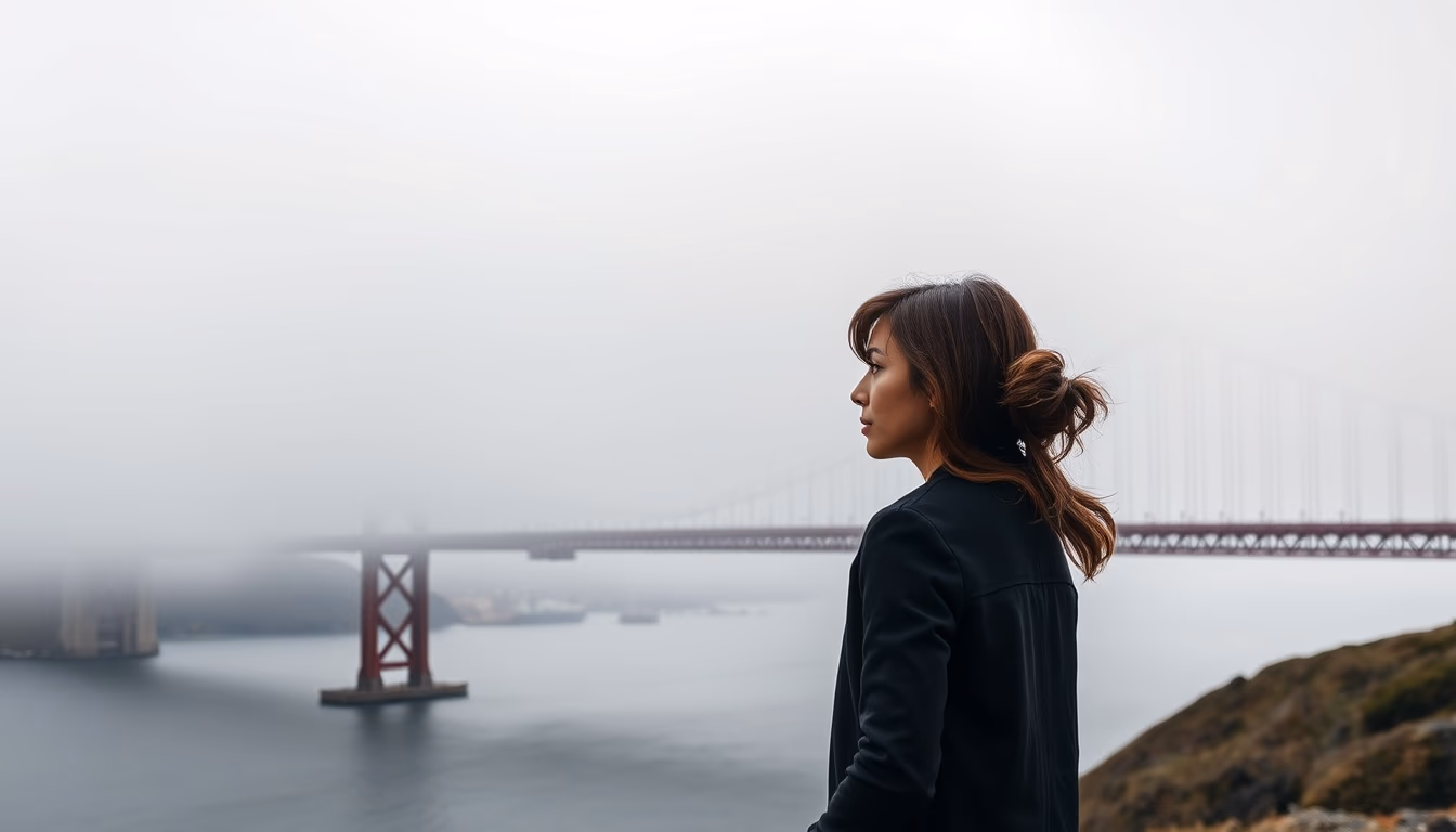 golden gate bridge fog in editorial style