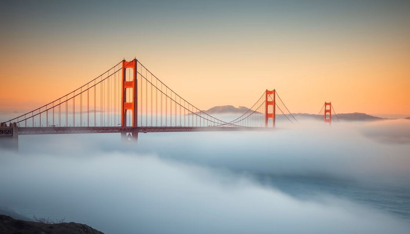 golden gate bridge fog in editorial style