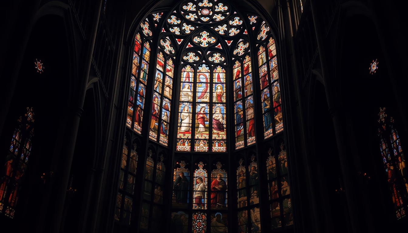 gothic cathedral stained glass in editorial style