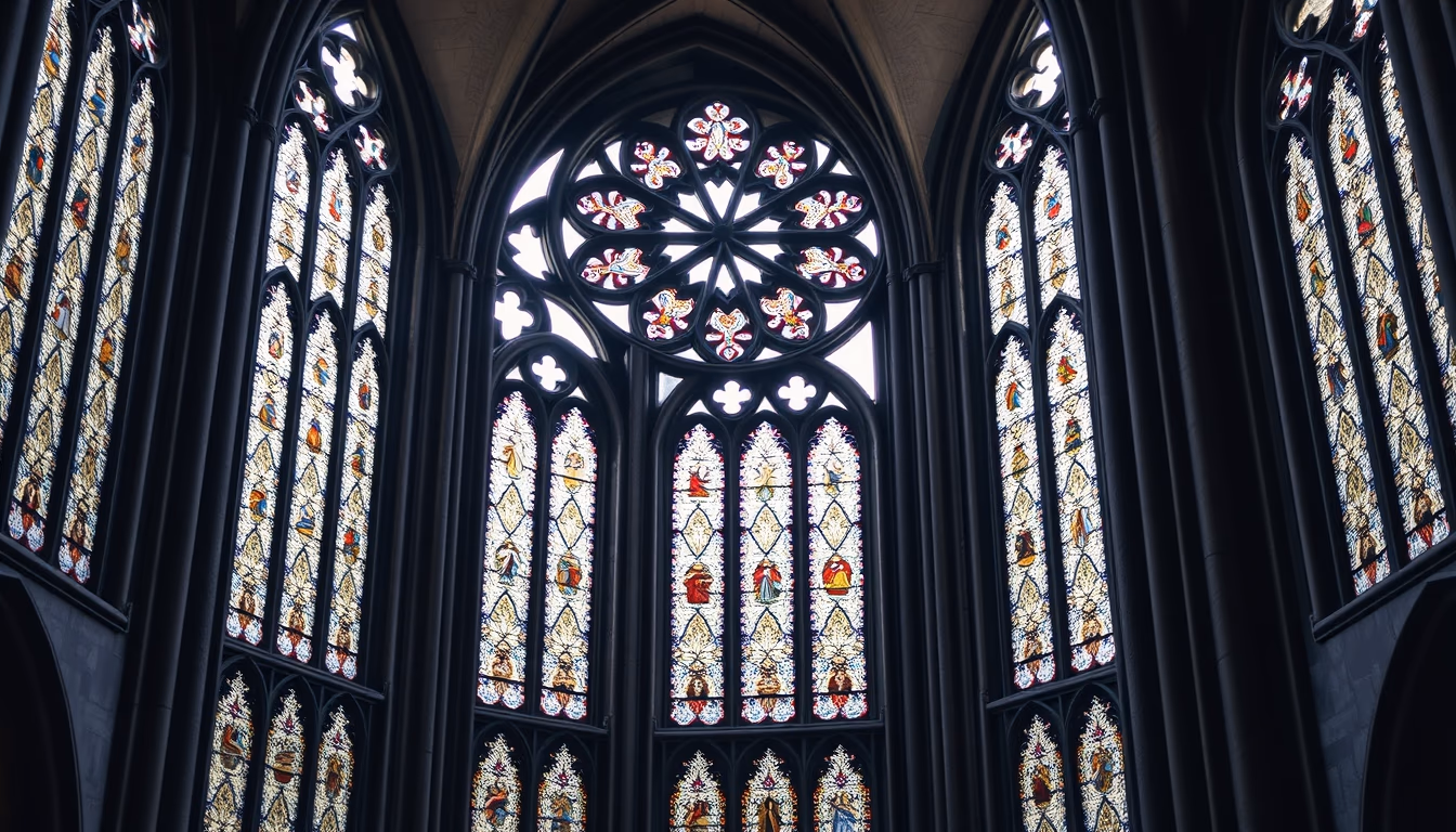 gothic cathedral stained glass in editorial style
