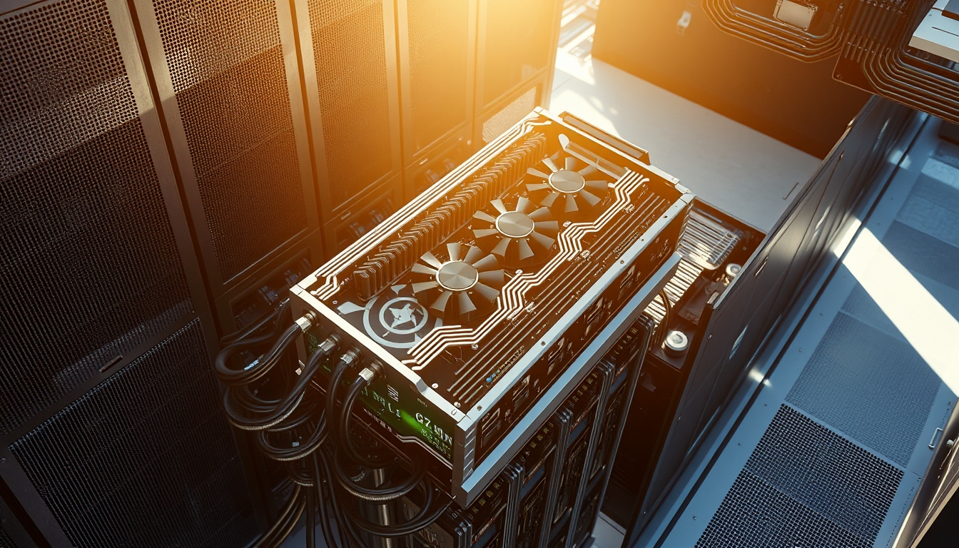 Cluster de GPUs em data center refrigerado em estilo editorial