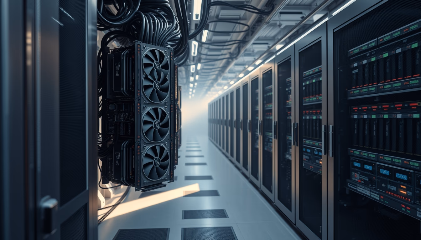 GPU cluster in cooling data center in editorial style