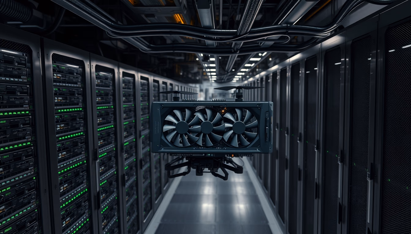 GPU cluster in cooling data center in editorial style