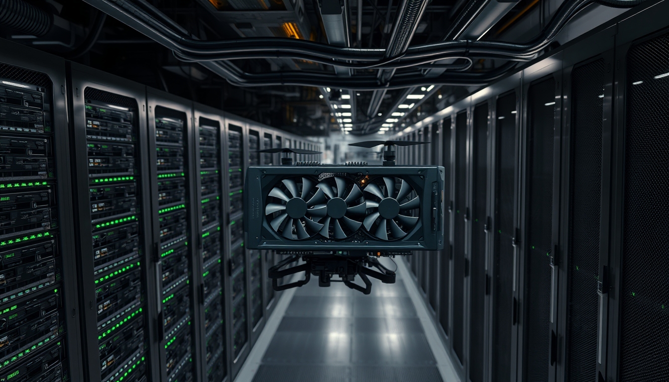 Cluster de GPUs em data center refrigerado em estilo editorial