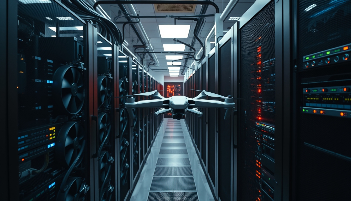 Cluster de GPUs em data center refrigerado em estilo editorial