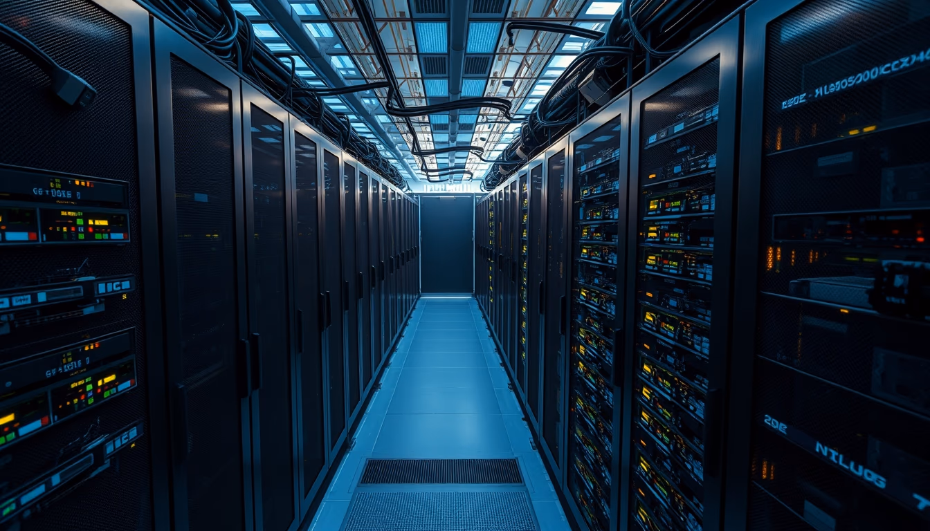 GPU cluster in cooling data center in editorial style