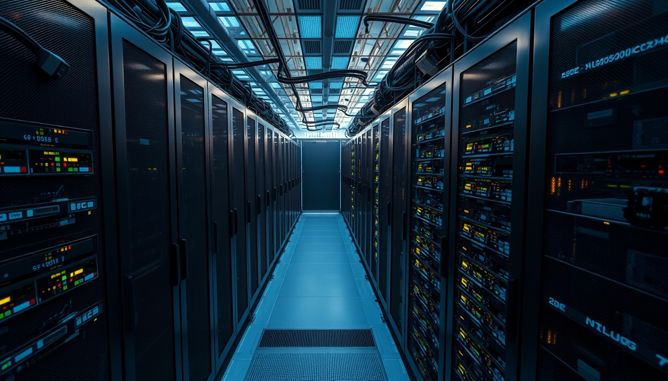 Cluster de GPUs em data center refrigerado em estilo editorial