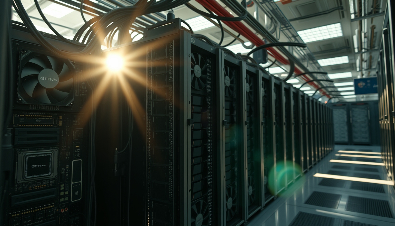 Cluster de GPUs em data center refrigerado em estilo editorial