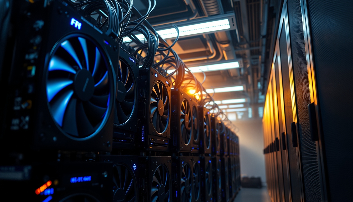 Cluster de GPUs em data center refrigerado em estilo editorial