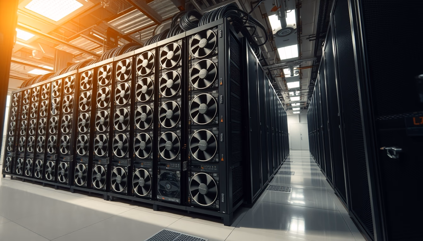 GPU cluster in cooling data center in editorial style