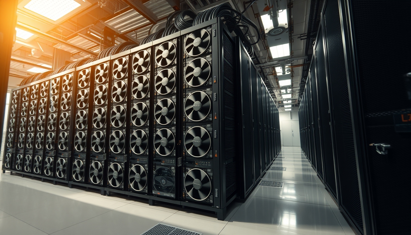 Cluster de GPUs em data center refrigerado em estilo editorial