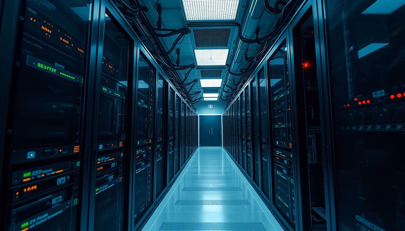 GPU cluster in cooling data center in editorial style