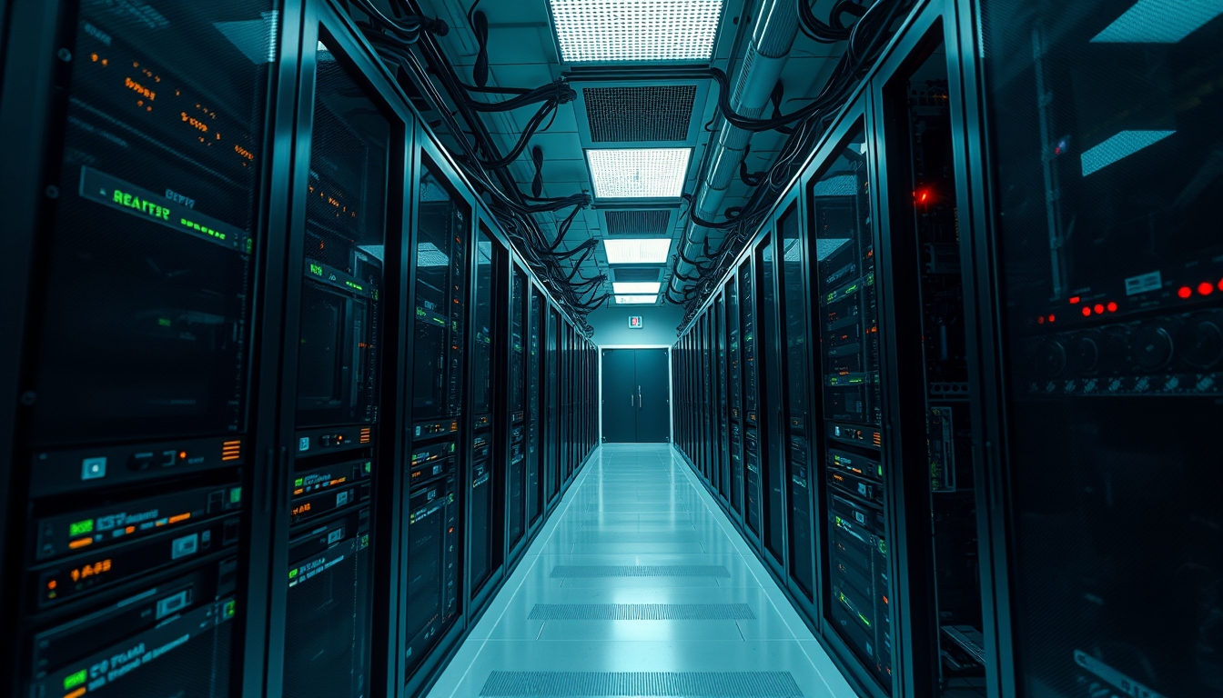 Cluster de GPUs em data center refrigerado em estilo editorial