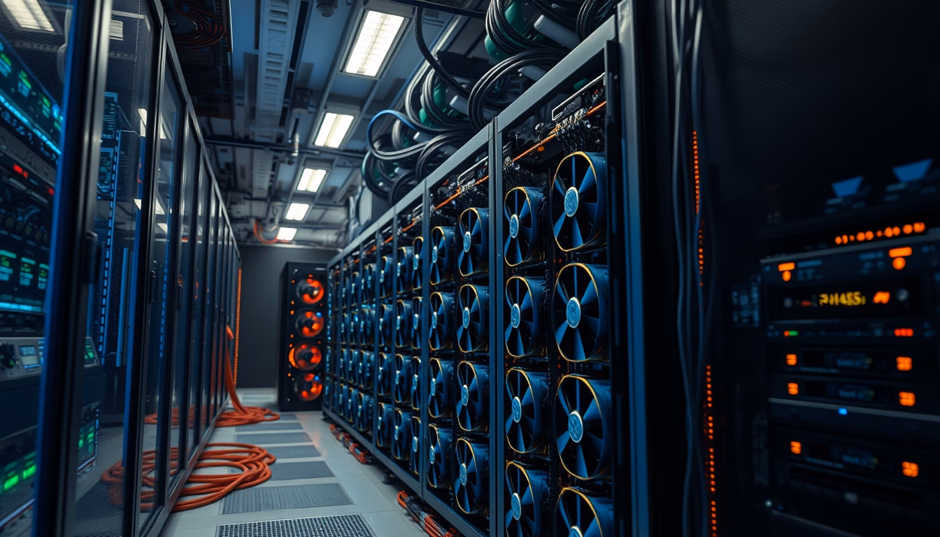 GPU cluster in cooling data center in editorial style