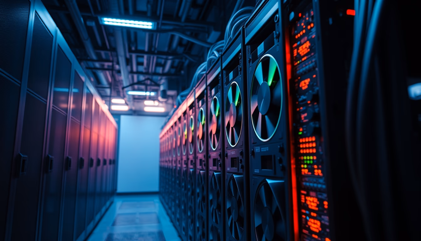 GPU cluster in cooling data center in editorial style