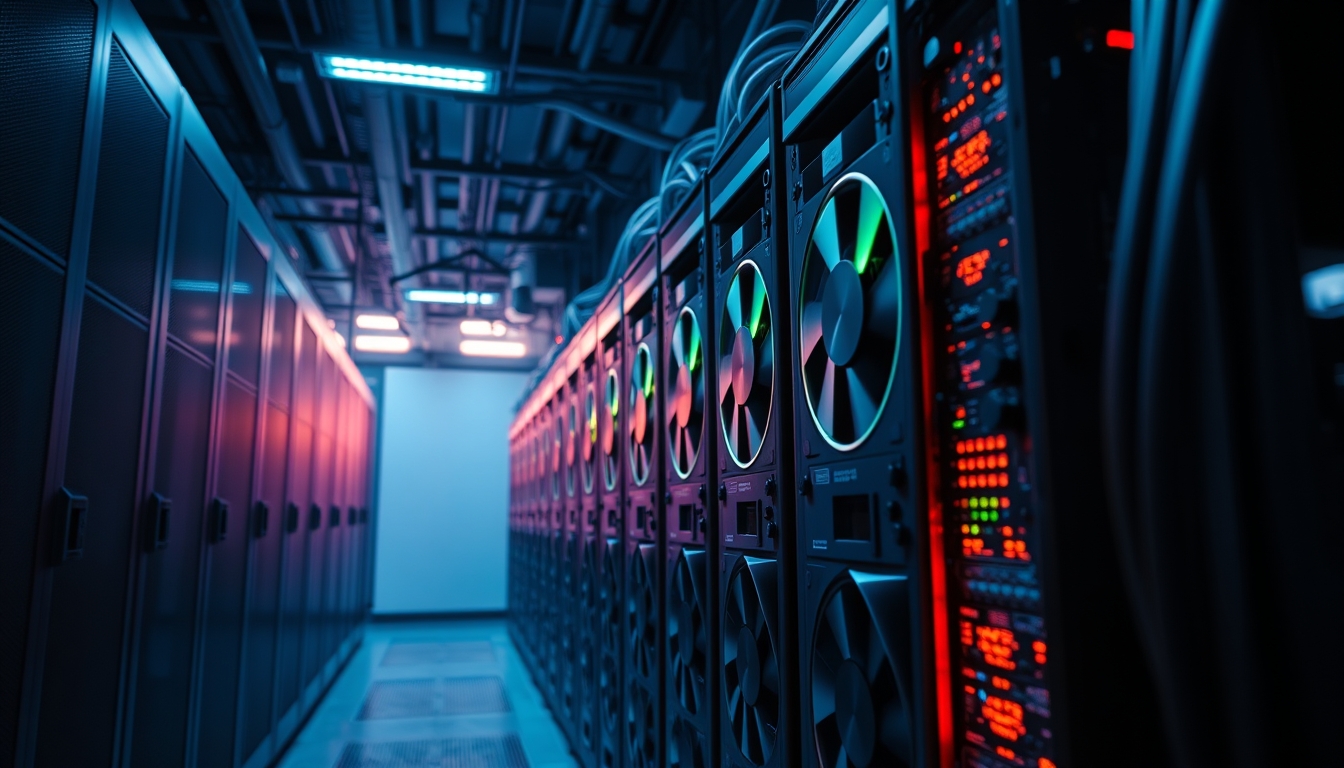 Cluster de GPUs em data center refrigerado em estilo editorial