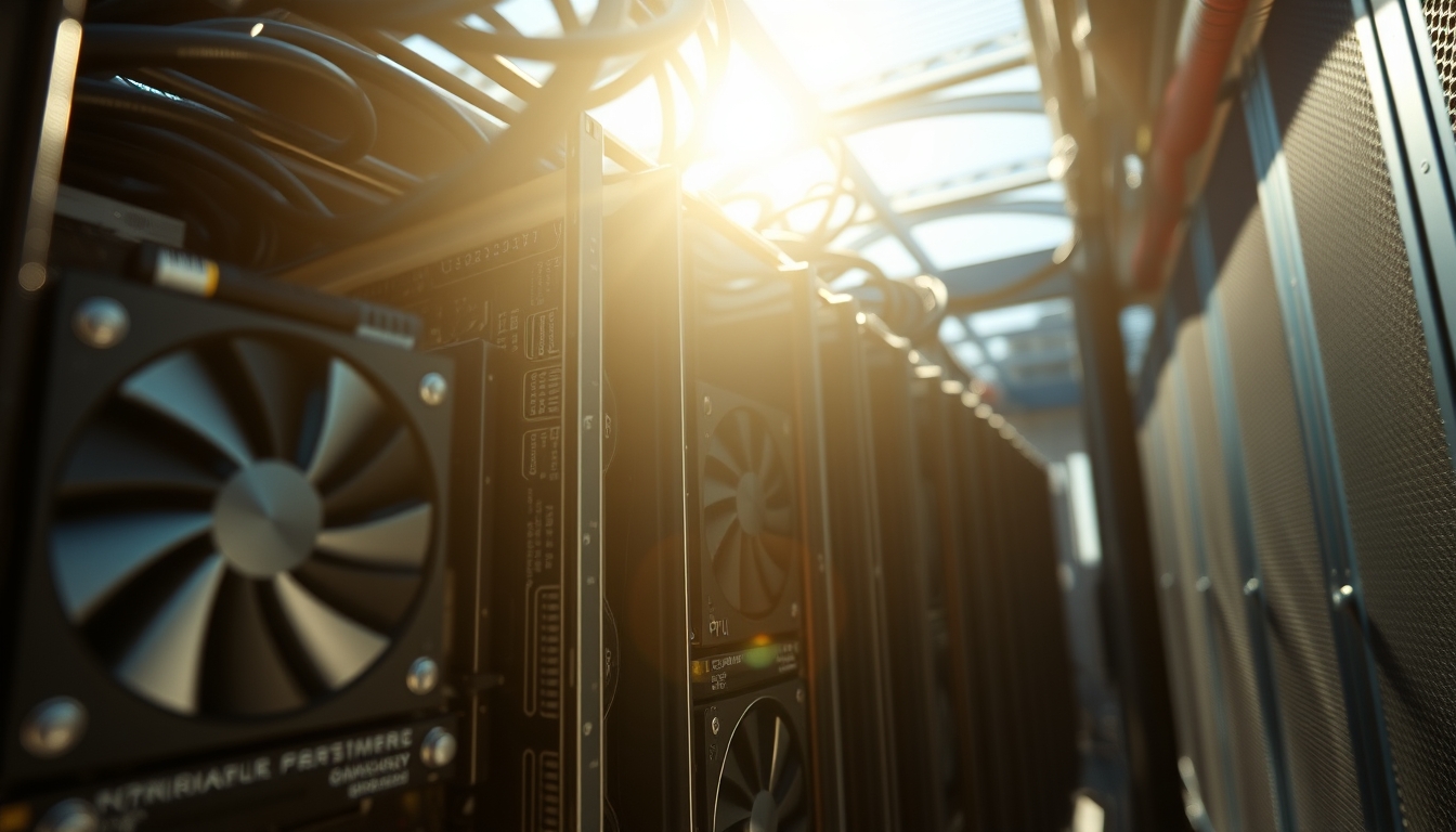 Cluster de GPUs em data center refrigerado em estilo editorial