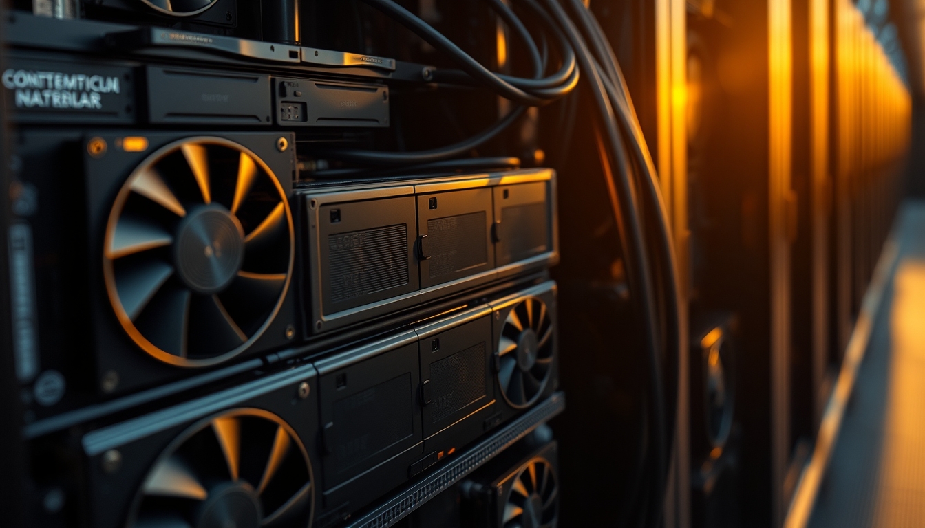 Cluster de GPUs em data center refrigerado em estilo editorial