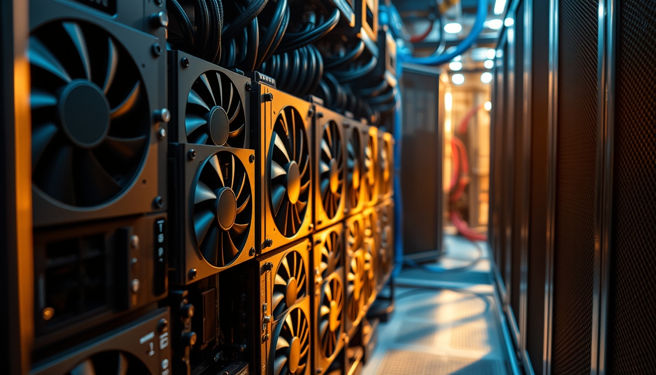 Cluster de GPUs em data center refrigerado em estilo editorial