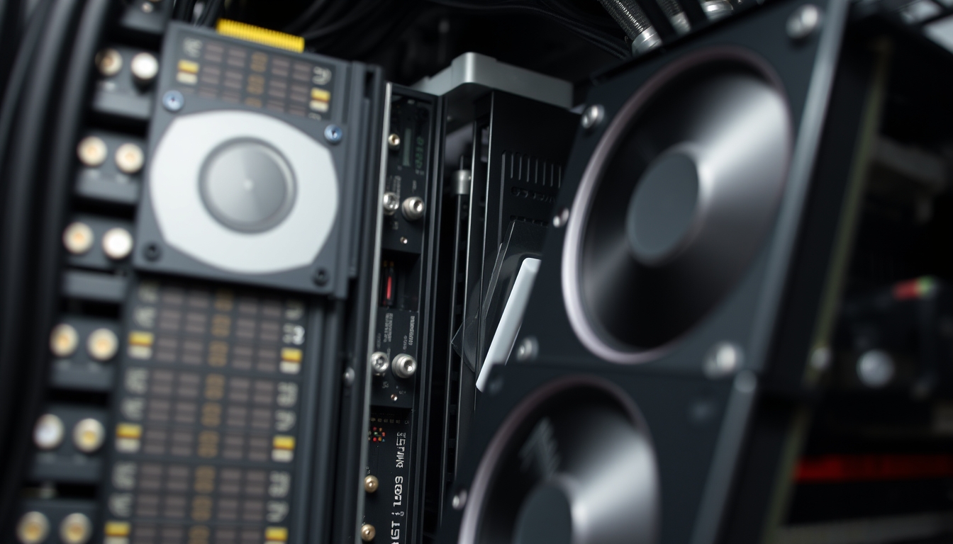 Cluster de GPUs em data center refrigerado em estilo editorial