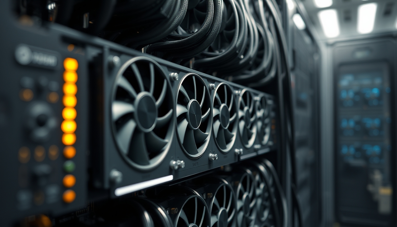Cluster de GPUs em data center refrigerado em estilo editorial